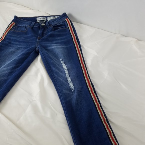 Indigo Rein Jeans Juniors 1 Mid Rise Ankle Distressed Stripe Accent Blue Denim - Picture 12 of 14